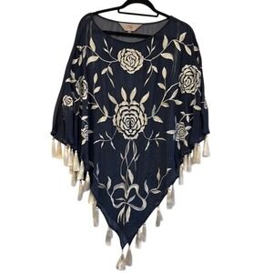 Roja Embroidered Rose Tassel Poncho One Size Sheer Navy Blue Boho Western